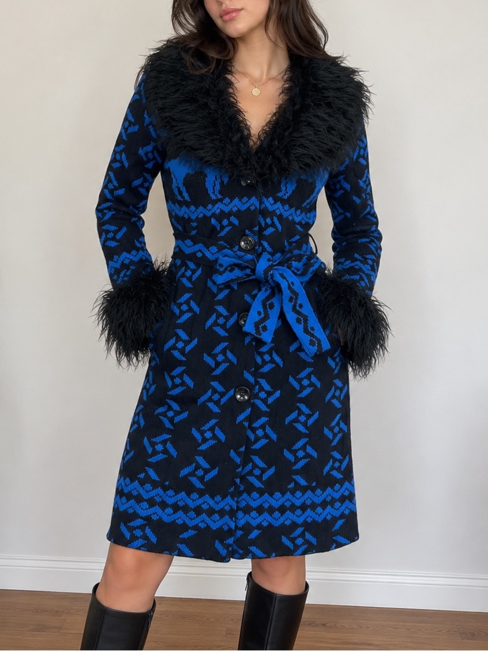 Betsey Johnson Y2K Blue Black Jacquard Faux Fur Belted Knit Coat Size S